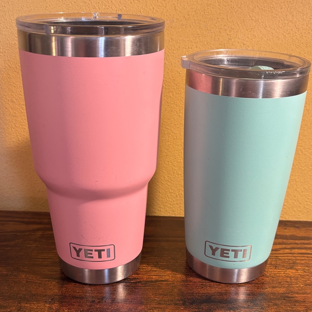 2 Yeti Travel Tumblers in Pink and Mint pastel colors 20 oz and 30 oz